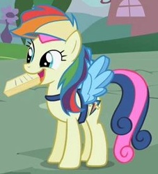 Size: 250x275 | Tagged: safe, screencap, bon bon, sweetie drops, earth pony, pony, g4, the mysterious mare do well, adorabon, bon bon is amused, cropped, cute, fake wings, female, mouth hold, notepad, open mouth, rainbow dash fanclub, rainbow wig, smiling, solo, wig