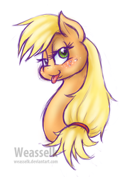 Size: 674x1000 | Tagged: safe, artist:weasselk, applejack, g4, bedroom eyes, eyelashes, female, freckles, hatless, looking at you, missing accessory, solo, tongue out