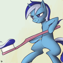 Size: 814x813 | Tagged: safe, artist:ehfa, minuette, pony, g4, bipedal, brush, female, fighting stance, solo, toothbrush, toothpaste