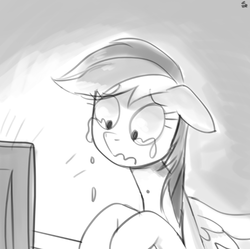 Size: 734x731 | Tagged: safe, artist:ehfa, rainbow dash, g4, crying, female, floppy ears, grayscale, monitor, monochrome, reaction image, sad, solo, spread wings, wavy mouth