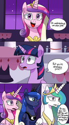 Size: 1100x2000 | Tagged: safe, artist:zoruanna, princess cadance, princess celestia, princess luna, twilight sparkle, alicorn, pony, g4, alicorn tetrarchy, comic, dialogue, female, gritted teeth, mare, mean girls, oh my god, open mouth, racism, speech bubble, twilight sparkle (alicorn)