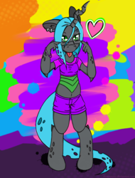 Size: 1024x1348 | Tagged: safe, artist:stonerpony, queen chrysalis, anthro, unguligrade anthro, g4, belly button, clothes, female, glasses, heart, midriff, piercing, shorts, solo, tongue out, tongue piercing