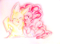 Size: 599x447 | Tagged: safe, artist:kelsiepie, pinkie pie, pikachu, g4, crossover, pokémon, traditional art