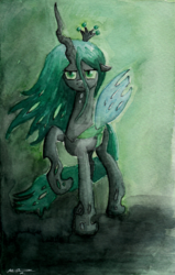 Size: 1024x1611 | Tagged: safe, artist:nokills-clan196, queen chrysalis, changeling, changeling queen, g4, crown, female, jewelry, raised hoof, regalia, solo, traditional art, watercolor painting, watermark