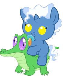 Size: 836x967 | Tagged: safe, artist:red4567, gummy, pokey pierce, pony, g4, :t, baby, baby pony, cute, diapokeys, male, pacifier, ponies riding gators, recolor, riding, simple background, solo, weapons-grade cute, white background