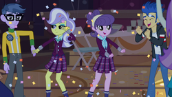 Size: 1280x720 | Tagged: safe, screencap, aqua blossom, carlos thunderbolt, flash sentry, micro chips, suri polomare, upper crust, equestria girls, g4, my little pony equestria girls: friendship games, ascot, background human, clothes, crystal prep academy uniform, dancing, female, kneesocks, legs, male, offscreen character, plaid skirt, pleated skirt, scarf, school uniform, skirt, socks