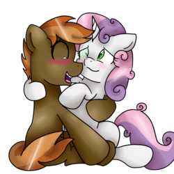 Size: 1024x1024 | Tagged: safe, artist:fennelynthefennekin1, button mash, sweetie belle, g4, black sclera, blushing, colt, eyes closed, female, filly, foal, hug, male, open mouth, ship:sweetiemash, shipping, simple background, sitting, straight, transparent background