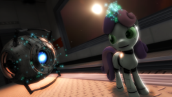Size: 1280x720 | Tagged: safe, artist:wizardtwy, sweetie belle, pony, robot, robot pony, unicorn, g4, 3d, blank flank, crossover, female, filly, foal, glowing horn, hooves, horn, levitation, magic, personality core, portal (valve), portal 2, solo, sweetie bot, telekinesis, wheatley