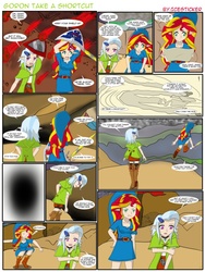 Size: 776x1030 | Tagged: safe, artist:icesticker, sunset shimmer, trixie, human, g4, comic, elf ears, humanized, parody, the legend of zelda, the legend of zelda: ocarina of time