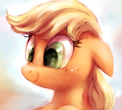 Size: 836x750 | Tagged: safe, artist:whitediamonds, applejack, earth pony, pony, g4, cute, female, floppy ears, freckles, hatless, jackabetes, mare, missing accessory, nose wrinkle, portrait, smiling, solo, wip