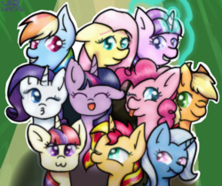 Size: 1696x1425 | Tagged: dead source, safe, artist:mioumi-kiwaii, applejack, fluttershy, moondancer, pinkie pie, rainbow dash, rarity, starlight glimmer, sunset shimmer, trixie, twilight sparkle, alicorn, pony, g4, :3, :d, :p, :t, counterparts, duckface, eyes closed, female, floppy ears, glasses, grin, happy, looking at you, magical quintet, magical sextet, mane six, mare, open mouth, smiling, tongue out, twilight sparkle (alicorn), twilight's counterparts, wink