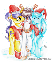 Size: 1280x1489 | Tagged: safe, artist:julunis14, oc, oc only, oc:glacandra, oc:luxor, oc:tulipan, earth pony, pony, blushing, cheek kiss, christmas, definitely not shipping, hat, kiss sandwich, kissing, luxorian trio, reindeer costume, santa hat, snow