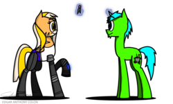 Size: 800x480 | Tagged: safe, artist:derpanater, oc, oc only, oc:live "derp" bait, oc:vibraphone echo, cyborg, cyborg pony, pony, unicorn, fallout equestria, cutie mark, magic, mirage pony, mistleholly, pipbuck, stripes, two toned mane, two toned wings