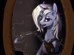 Size: 2000x1500 | Tagged: safe, artist:madhotaru, trixie, pony, unicorn, g4, amputee, female, mare, mirror, prosthetics, solo