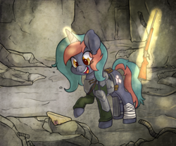 Size: 2650x2200 | Tagged: safe, artist:annakitsun3, oc, oc only, fallout equestria, armor, bandage, gun, high res, levitation, magic, medkit, raised hoof, ruins, solo, weapon