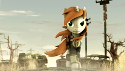 Size: 1920x1080 | Tagged: safe, artist:monmonstar, oc, oc only, oc:littlepip, pony, unicorn, fallout equestria, 3d, clothes, crossover, dead tree, fallout, fanfic, fanfic art, female, jumpsuit, looking at you, mare, pipboy, pipbuck, solo, tree, vault suit, wasteland