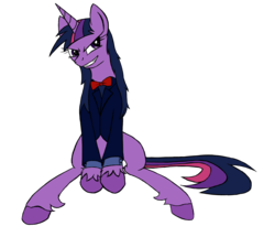 Size: 2117x1821 | Tagged: safe, artist:rexlupin, twilight sparkle, g4, alternate hairstyle, bowtie, clothes, female, simple background, sitting, solo, suit, transparent background, twilight snapple, unshorn fetlocks