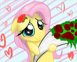 Size: 1280x1024 | Tagged: safe, artist:vincentjiang0v0, fluttershy, g4, blushing, female, floppy ears, flower, flower in hair, heart, rose, smiling, solo