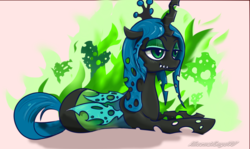 Size: 1211x722 | Tagged: safe, artist:vincentjiang0v0, queen chrysalis, changeling, changeling queen, g4, crown, female, jewelry, prone, regalia, solo