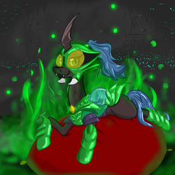 Size: 1280x1280 | Tagged: safe, artist:vincentjiang0v0, idw, queen chrysalis, changeling, changeling queen, fiendship is magic #5, g4, my little pony: fiendship is magic, armor, female, pillow, prone, solo