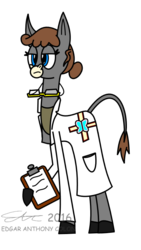 Size: 450x800 | Tagged: safe, artist:derpanater, oc, oc only, oc:felisberta, donkey, fallout equestria, blue eyes, clipboard, clothes, deadpan expression, digital art, doctor, female, glasses, gray coat, hair bun, lab coat, shirt, undershirt