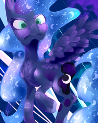 Size: 1024x1280 | Tagged: safe, artist:journeydraws, princess luna, g4, female, looking at you, solo, spread wings, unamused