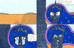 Size: 1024x659 | Tagged: safe, artist:eternaljonathan, princess luna, comic:a new twist, g4, apocalypse, belly, comic, crying, huge belly, hyper, hyper pregnancy, pregnant, sad, traditional art, wasteland