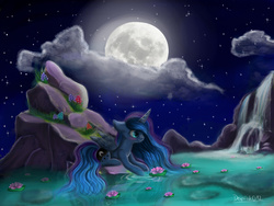 Size: 800x600 | Tagged: safe, artist:derpiak012, princess luna, g4, blushing, cloud, female, full moon, lake, moon, night, prone, solo, waterfall, waterlily