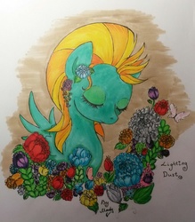 Size: 898x1024 | Tagged: safe, artist:mady, lightning dust, g4, female, flower, solo, traditional art