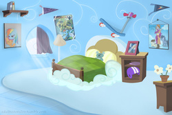 Size: 1024x683 | Tagged: safe, artist:redheadfly, daring do, pound cake, rainbow dash, scootaloo, pegasus, pony, g4, bed, bedroom, book, cloud house, eyes closed, female, filly, flower pot, foal, helmet, hug, lamp, mare, older, older scootaloo, plushie, poster, room, scooter, teddy bear, window