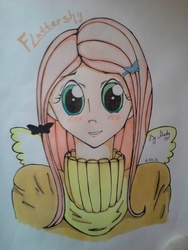 Size: 768x1024 | Tagged: safe, artist:mady, fluttershy, human, g4, barrette, blushing, clothes, female, humanized, solo, sweater, sweatershy, traditional art