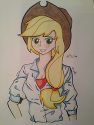 Size: 768x1024 | Tagged: safe, artist:mady, applejack, human, g4, female, humanized, solo, traditional art