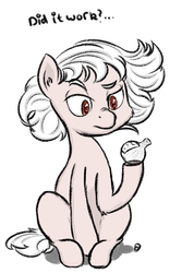 Size: 625x934 | Tagged: safe, artist:hipsanon, oc, oc only, oc:ruby rouge, earth pony, pony, colt quest, bleach, child, color, curious, dye, dyed coat, dyed hair, dyed mane, female, filly, foal, glass, potion, question, white mane