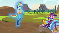 Size: 1280x720 | Tagged: safe, rainbow dash, sunset shimmer, equestria girls, g4, my little pony equestria girls: friendship games, aura, flying, helmet, magic, motorcross, ponied up