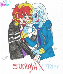 Size: 1024x1202 | Tagged: safe, artist:xxfluffypachirisuxx, sunset shimmer, trixie, equestria girls, g4, blushing, equestria guys, gay, heart, humanized, male, rule 63, ship:suntrix, shipping, sunset glare, traditional art, tristan
