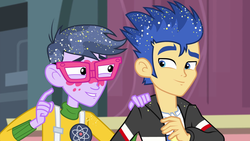 Size: 1280x720 | Tagged: safe, screencap, flash sentry, micro chips, a banner day, equestria girls, g4, my little pony equestria girls: friendship games, clothes, glasses, glitter, jacket, male, smiling