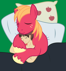 Size: 1608x1726 | Tagged: safe, artist:badumsquish, derpibooru exclusive, big macintosh, oc, oc:generic messy hair anime anon, earth pony, human, pony, g4, bed, cuddling, cute, eyes closed, gay, hug, human male, human on pony snuggling, humansub, male, malesub, pillow, pony on human action, smiling, snuggling, stallion, stallion on human male, story included, submissive