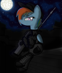 Size: 892x1061 | Tagged: safe, artist:starstridepony, rainbow dash, g4, baseball cap, clothes, female, gun, hat, rifle, solo, suit, weapon