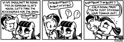 Size: 650x223 | Tagged: safe, artist:foudubulbe, maud pie, trixie, pony, unicorn, comic:damp rocks, g4, comic, female, lesbian, mare, monochrome, onomatopoeia, panic, raspberry, raspberry noise, ship:mauxie, shipping