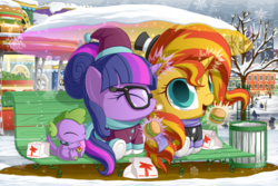 Size: 1500x1000 | Tagged: safe, artist:berrypawnch, sci-twi, spike, spike the regular dog, sunset shimmer, twilight sparkle, dog, pony, unicorn, equestria girls, g4, bench, berrypawnch is trying to murder us, burger, chibi, clothes, cute, dragon dog spike, equestria girls ponified, female, food, force field, gem, glasses, glowing, glowing horn, hat, hnnng, horn, in-n-out, jacket, lesbian, magic, magic aura, neon, park, ponified, scarf, shimmerbetes, ship:sci-twishimmer, ship:sunsetsparkle, shipping, snow, snowfall, snowflake, snowpony, spikabetes, telekinesis, top hat, trash can, twiabetes, unicorn sci-twi
