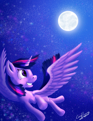Size: 2300x3000 | Tagged: safe, artist:coco-flame, twilight sparkle, alicorn, pony, g4, female, flying, full moon, high res, looking up, mare, moon, night, smiling, solo, spread wings, stars, twilight sparkle (alicorn)