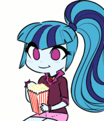Size: 386x450 | Tagged: safe, artist:rileyav, sonata dusk, human, equestria girls, g4, :t, animated, blinking, blushing, colored, cute, dis gon b gud, eating, eye clipping through hair, female, food, gif, open mouth, popcorn, simple background, sitting, smiling, solo, sonatabetes, white background