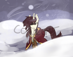Size: 1895x1478 | Tagged: safe, artist:great9star, oc, oc only, oc:miles, oc:snow storm, alicorn, pony, alicorn oc, clothes, commission, looking at you, male, mountain, snow, snowfall, solo, stallion, watermark