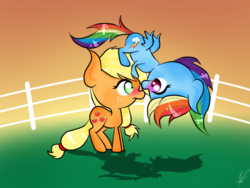 Size: 800x600 | Tagged: safe, artist:cofee-love, applejack, rainbow dash, g4, blushing, eye contact, female, fence, flying, grass, lesbian, ship:appledash, shipping, sunset