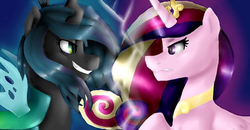 Size: 400x208 | Tagged: safe, artist:mlpstuck, princess cadance, queen chrysalis, alicorn, changeling, changeling queen, pony, g4, female, picture for breezies