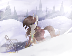 Size: 1895x1478 | Tagged: safe, artist:great9star, oc, oc only, oc:miles, alicorn, pony, alicorn oc, blizzard, cloak, clothes, cold, commission, eyepatch, looking at you, male, mountain, snow, snowfall, solo, stallion, watermark