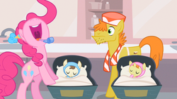 Size: 1280x720 | Tagged: safe, screencap, carrot cake, pinkie pie, pound cake, pumpkin cake, baby cakes, g4, cake twins