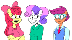 Size: 1920x1080 | Tagged: safe, artist:scobionicle99, apple bloom, scootaloo, sweetie belle, earth pony, anthro, g4, crime fighting crusaders, cutie mark crusaders, goggles, necktie, older, sweater vest