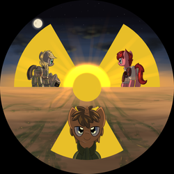 Size: 1024x1024 | Tagged: safe, artist:rangelost, oc, oc only, oc:icepick, oc:permittivity, oc:rosetta, fallout equestria, fallout equestria: transient, armor, c:, cover art, cute, desert, fanfic, fanfic art, fanfic cover, gun, icetivity, lidded eyes, moon, palindrome get, powered exoskeleton, radiation sign, saddle bag, smiling, sun, sunset, weapon