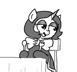 Size: 640x600 | Tagged: safe, artist:ficficponyfic, oc, oc only, oc:joyride, pony, unicorn, colt quest, adult, bowtie, chair, female, fork, horn, mage, mare, smiling, spoon, story included, table, tablecloth